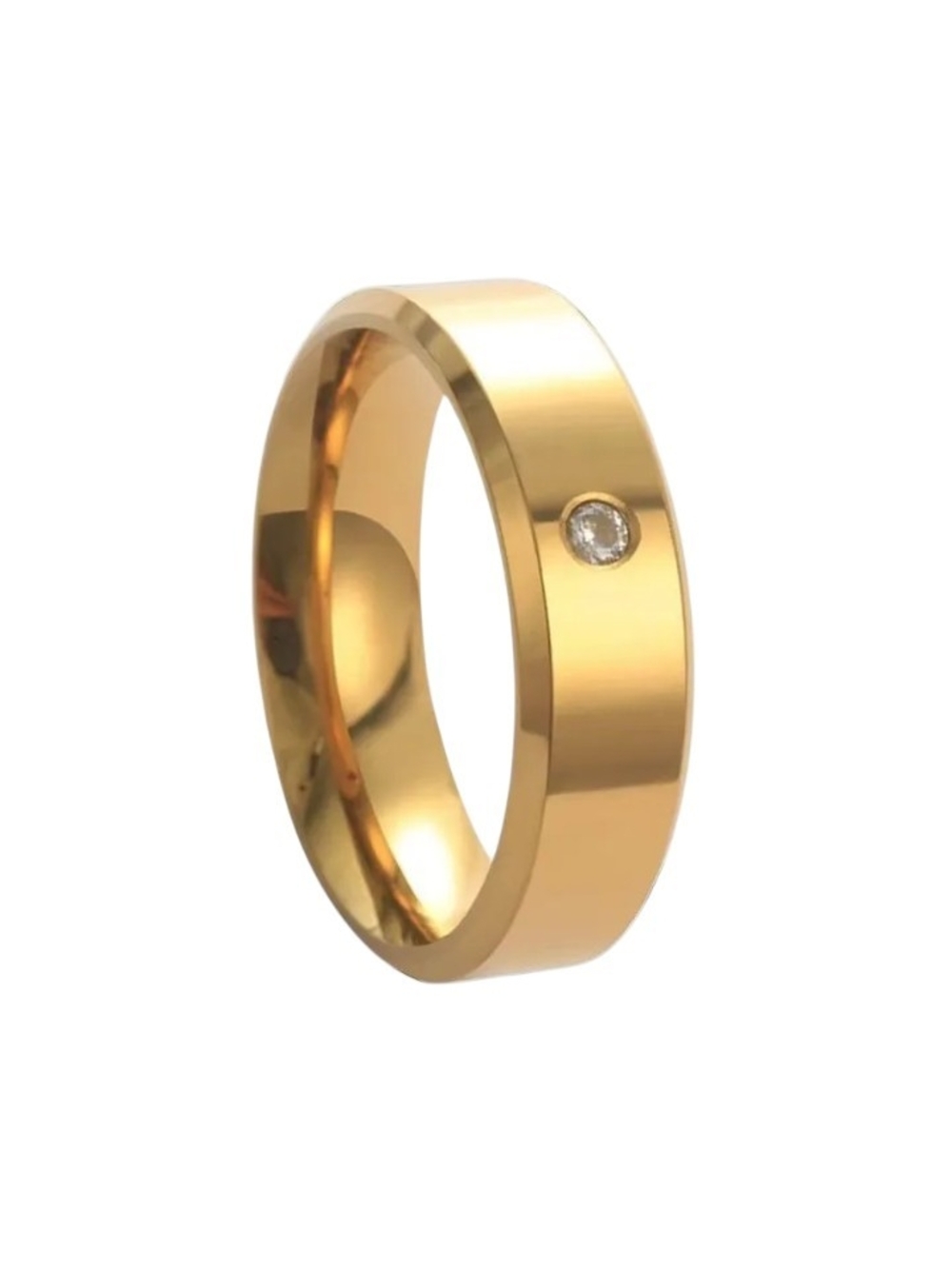 Gold Tone 6mm Band Ring with Single CZ Accent - No Tarnish Hypoallergenic
